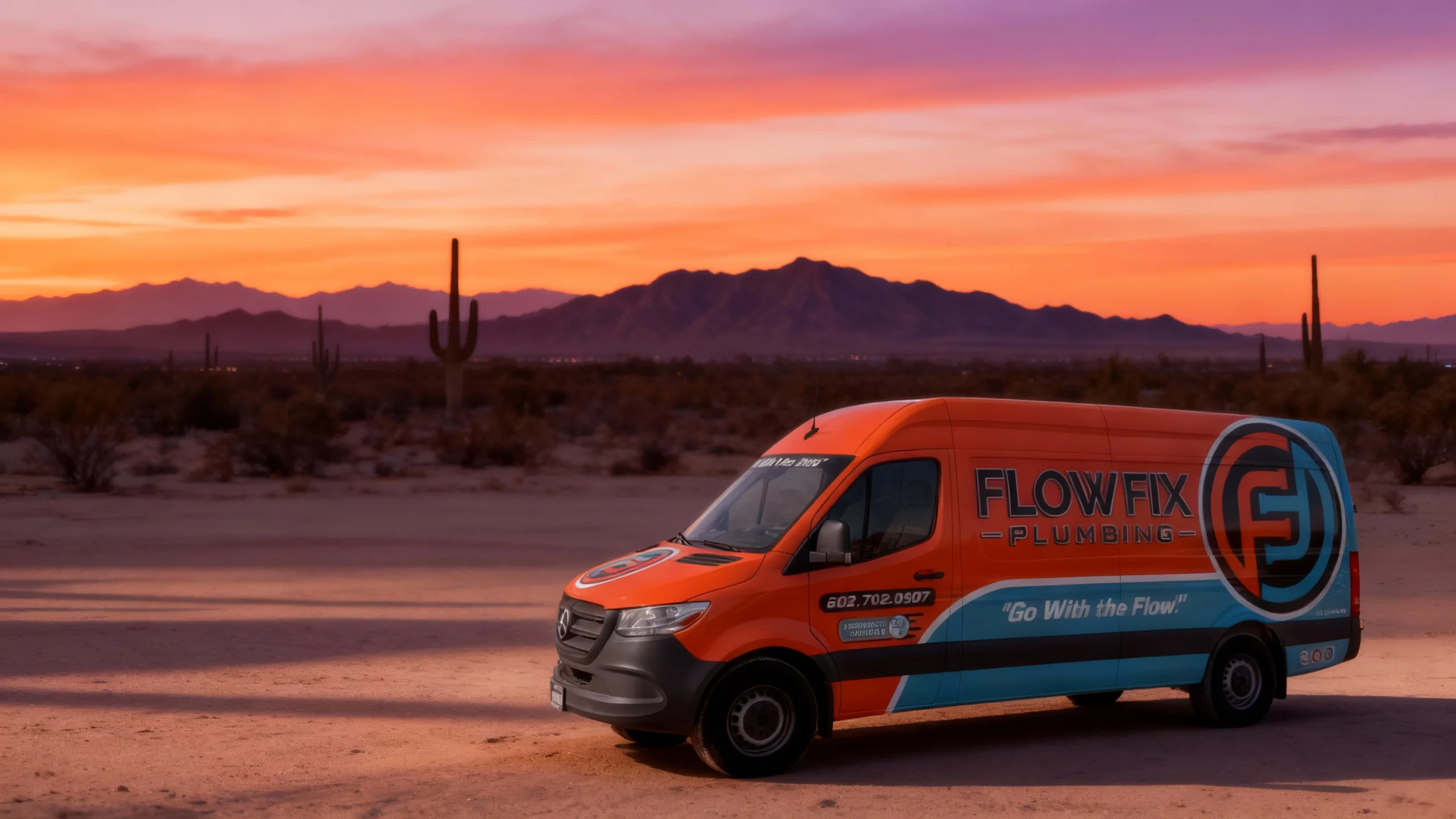 Flow Fix Plumbing service van in Arizona desert landscape